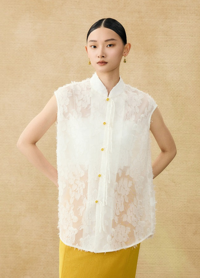 HECO Chinese Style Stand-up Collar Cut Flower Sleeveless Shirt - HELD .