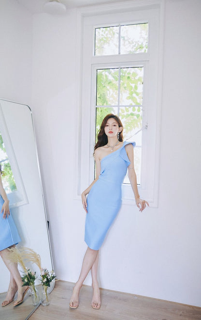 DOLLY Elegant Light Blue Slant Collar Sleeveless Body Hug Midi Formal Dinner Dress-TABITHA