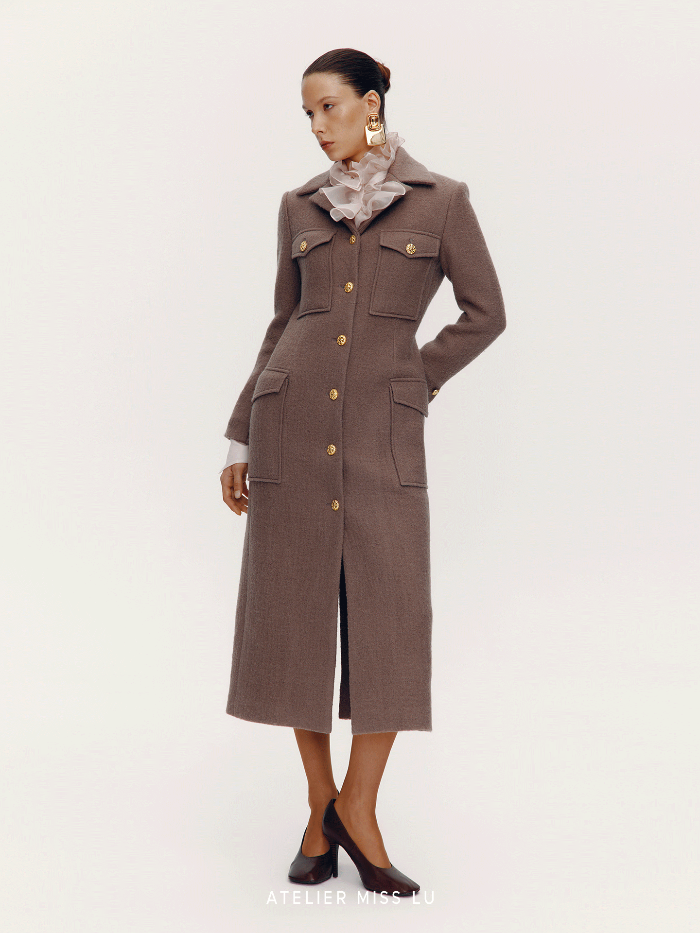 ATELIER MISS LU  Pocket Design Sheep Wool Slim Long Coat - ENID.