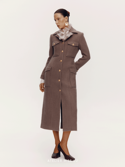 ATELIER MISS LU  Pocket Design Sheep Wool Slim Long Coat - ENID.