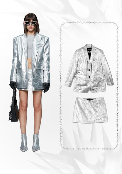 ANNAKIKI Designer Futuristic Leather Loose Silhouette Blazer-OKABE