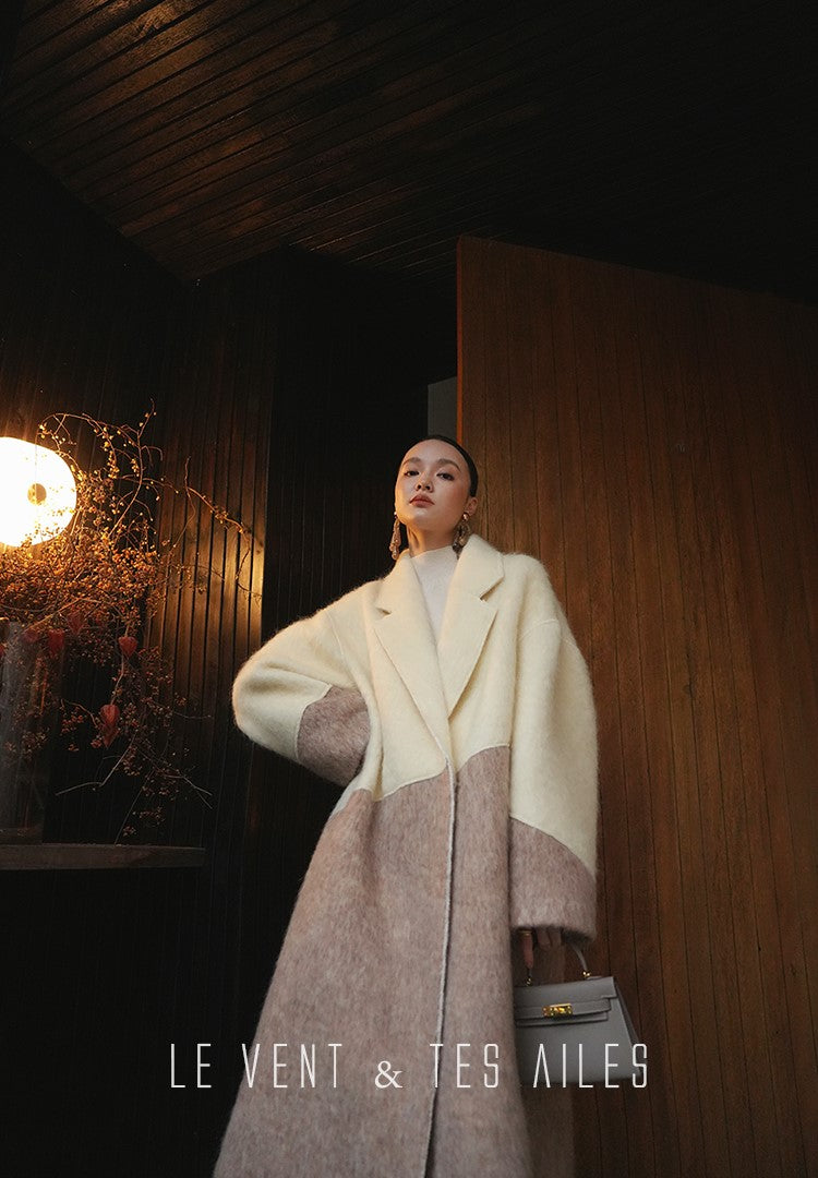 LE VENT&TES AILES French luxury fine long color-block wool coat -ALEC.