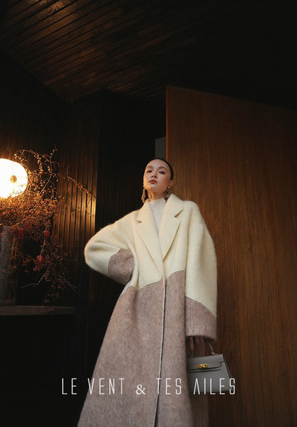 LE VENT&TES AILES French luxury fine long color-block wool coat -ALEC.