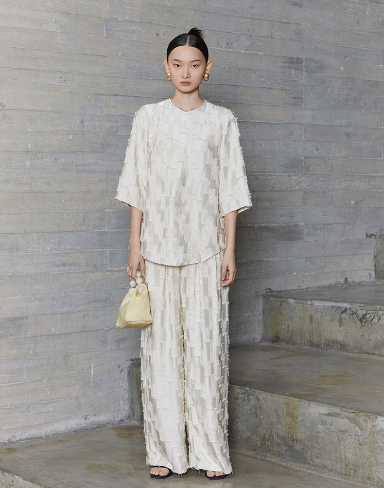 HECO Round Neck Square Tassel Design Texture Shirt Top Women - reign.