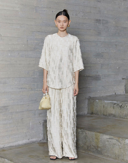 HECO Round Neck Square Tassel Design Texture Shirt Top Women - reign.