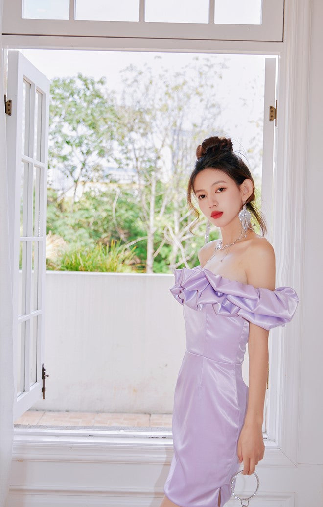 DOLLY Elegant Satin Ruffled Off Shoulder Tube Top Sim Fit Date Dress-AINSELY