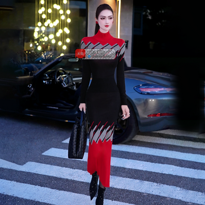 VJE  jacquard knitted suit skirt turtleneck top hip skirt two-piece set-DOE.