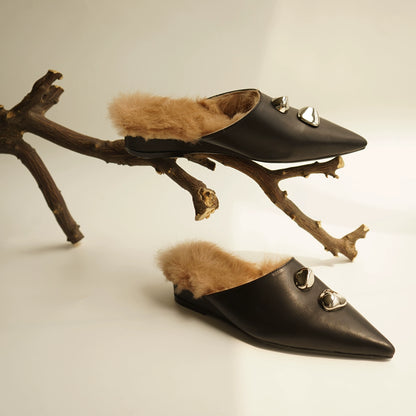 B-FEI black leather single shoe with metal buckle.