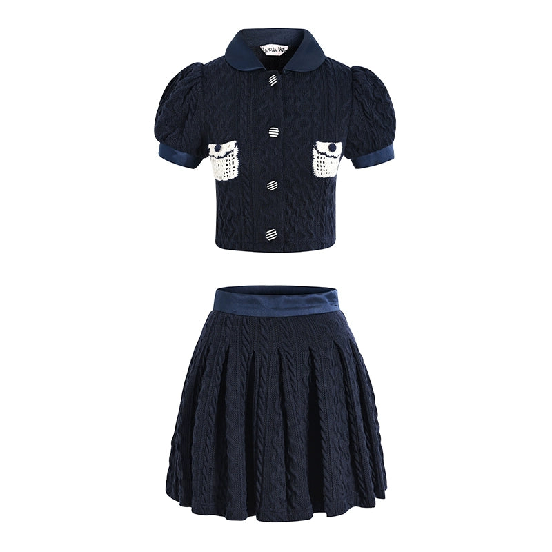 Le Palais  navy knitted puff sleeve top pleated skirt-XERX