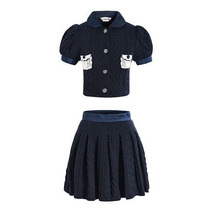 Le Palais  navy knitted puff sleeve top pleated skirt-XERX