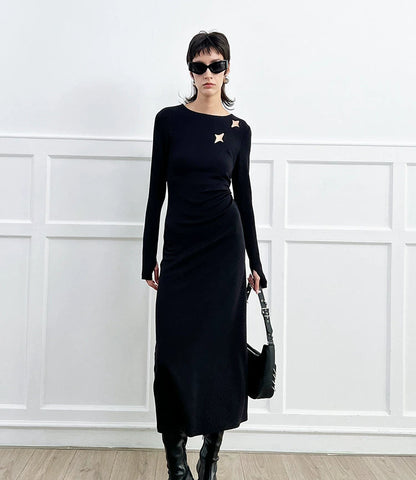 ANNAKIKI Black Cutout Four-Pointed Star Long Sleeve Dress Women-MARTIN