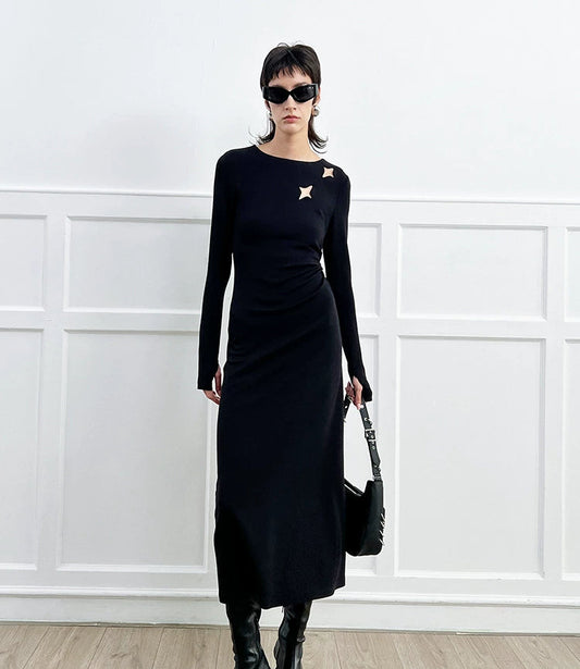 ANNAKIKI Black Cutout Four-Pointed Star Long Sleeve Dress Women-MARTIN