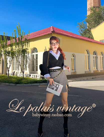 Le Palais Vintage Original Irregular Long Woolen Houndstooth Skirt - Mma.