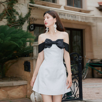 DOLLY High End Black Bow Off Shoulder Bandeau White Short Dress-ANDRA