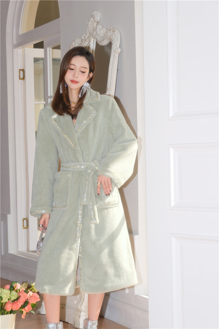 Wardrobes by Chen Elegant  Long Sleeve Velvet Diamond Chain Coat- Poie