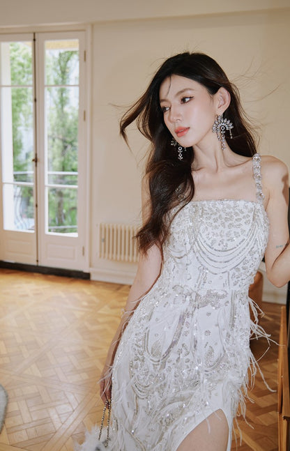 DOLLY Luxury White French Style Sleeveless Sequin Embroidered Long Slit Party Dress-Dalia