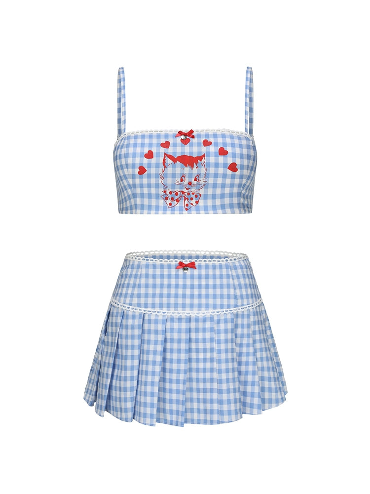 Le Palais Vintage  blue plaid kitten print short suspender pleated skirt-FASH.