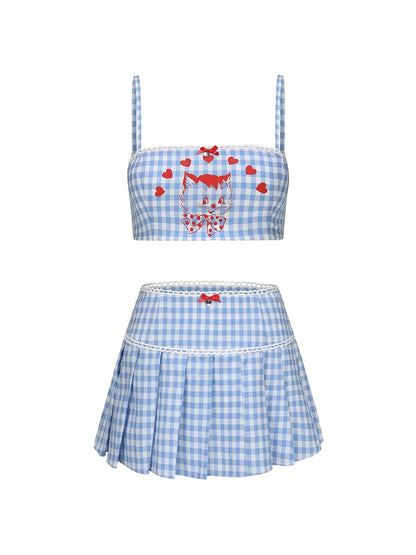 Le Palais Vintage  blue plaid kitten print short suspender pleated skirt-FASH.