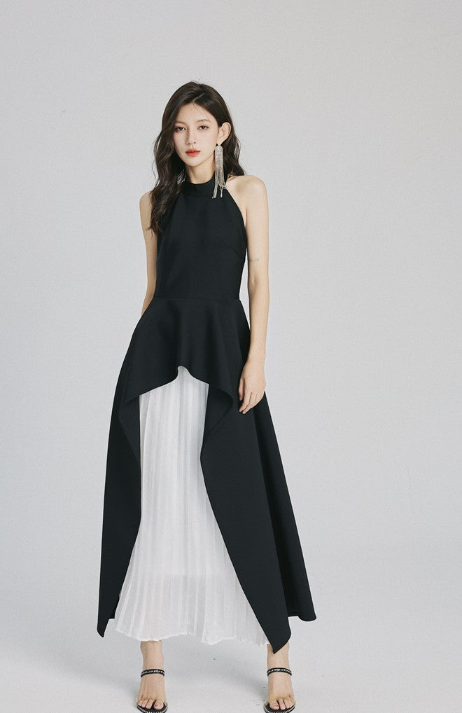 DOLLY High End White/Black Sleeveless Ruffled Halter Neck Top+ Pleated Skirt-SOLANGE