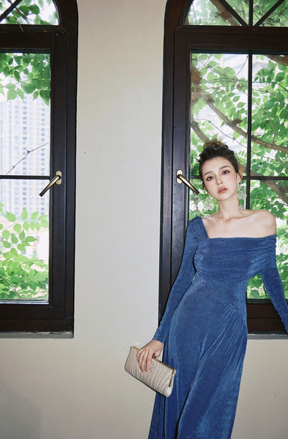 DOLLY Luxury Fog Blue Pleated Off Shoulder Slant Collar Long Sleeve Banquet Dress-MAYA