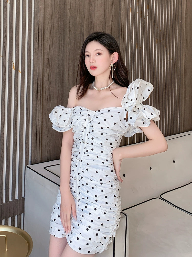 DOLLY Elegant White Off Shoulder Short Puff Sleeve Slim Fit Short Polka Dot Dress-MINA