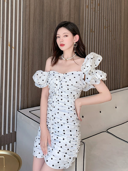 DOLLY Elegant White Off Shoulder Short Puff Sleeve Slim Fit Short Polka Dot Dress-MINA