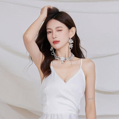 DOLLY Luxury Sliver European Style Flower Diamond Tassel Chic Earring-TALULLA