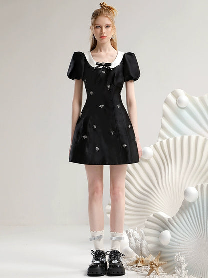 CHECOCORE Elegant  Sequin Doll Collar Women's Short Black Dress - LILLY