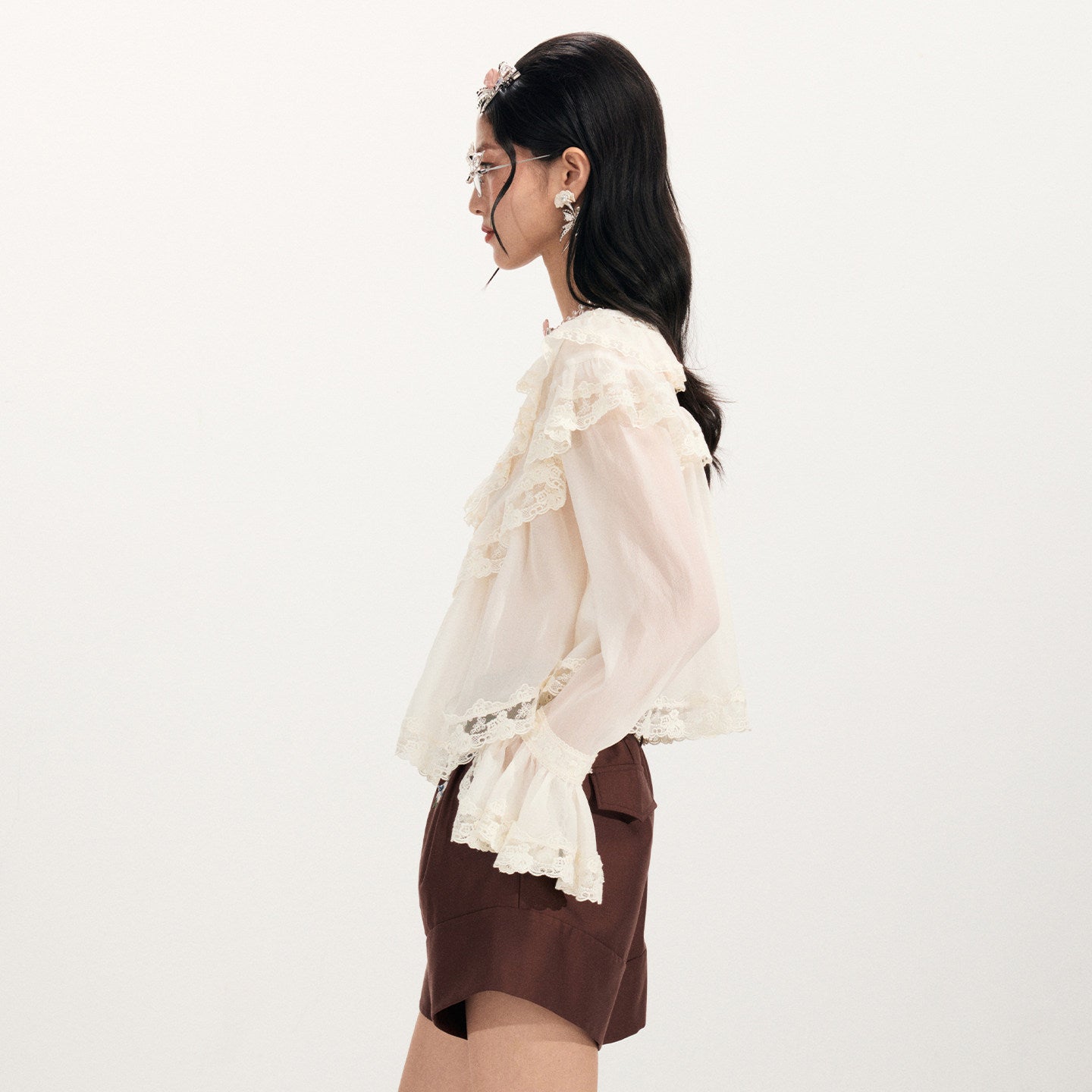 FAME Embroidered Ruffle V-Neck Long Sleeve Top