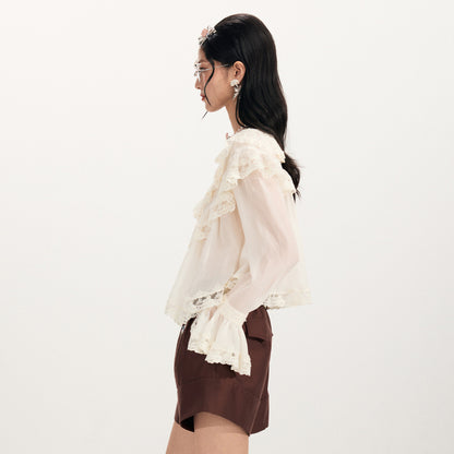 FAME Embroidered Ruffle V-Neck Long Sleeve Top