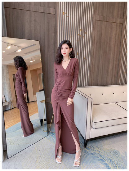 DOLLY Retro Style V-Neck Long Sleeve Pleated Waist Long Slit Dinner Dress-NEYO