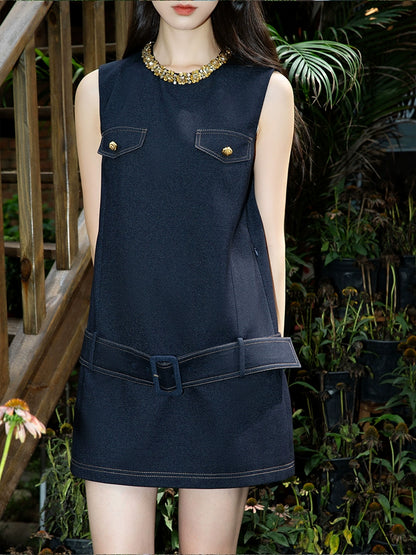 YES BY YESIR  navy blue diamond denim sleeveless dress - CHAN.