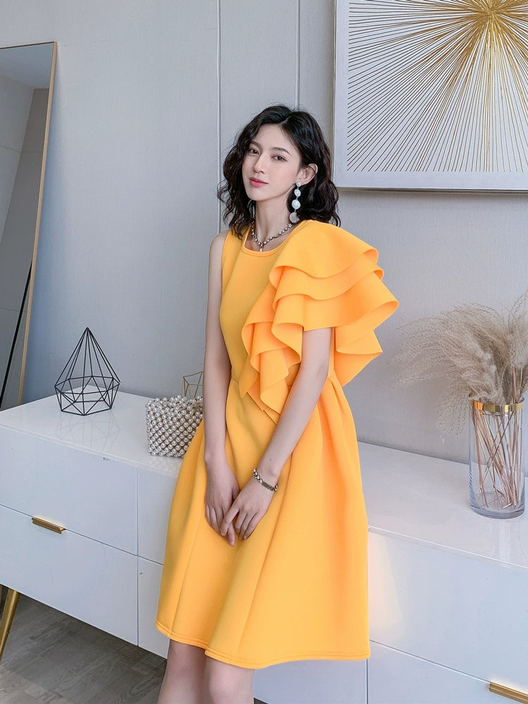 DOLLY Luxury Retro Style Crew Neck One Shoulder Ruffle Sleeves Midi Office Dress-CLAUDI