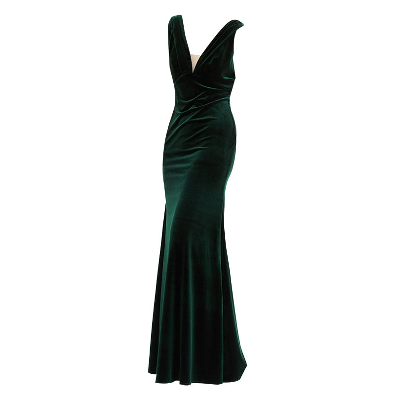 GOUDIN high-end temperament velvet long dark green dresses -ADDIE