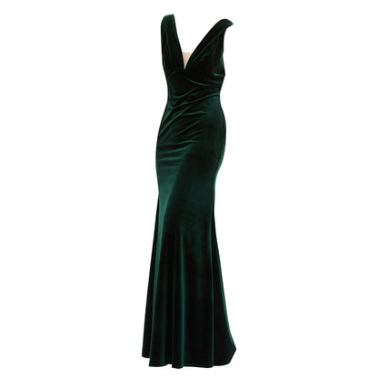 GOUDIN high-end temperament velvet long dark green dresses -ADDIE