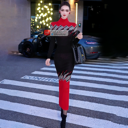 VJE  jacquard knitted suit skirt turtleneck top hip skirt two-piece set-DOE.