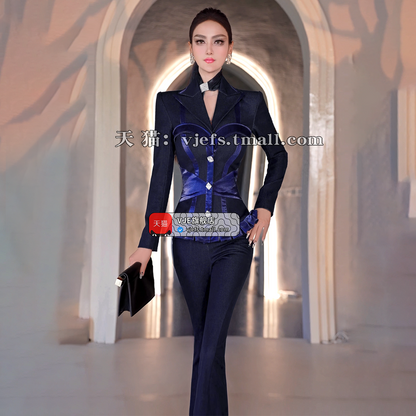 VJE  Denim Suit Single-Breasted Suit Micro Flared Pants Two-Piece Set - GOYA.