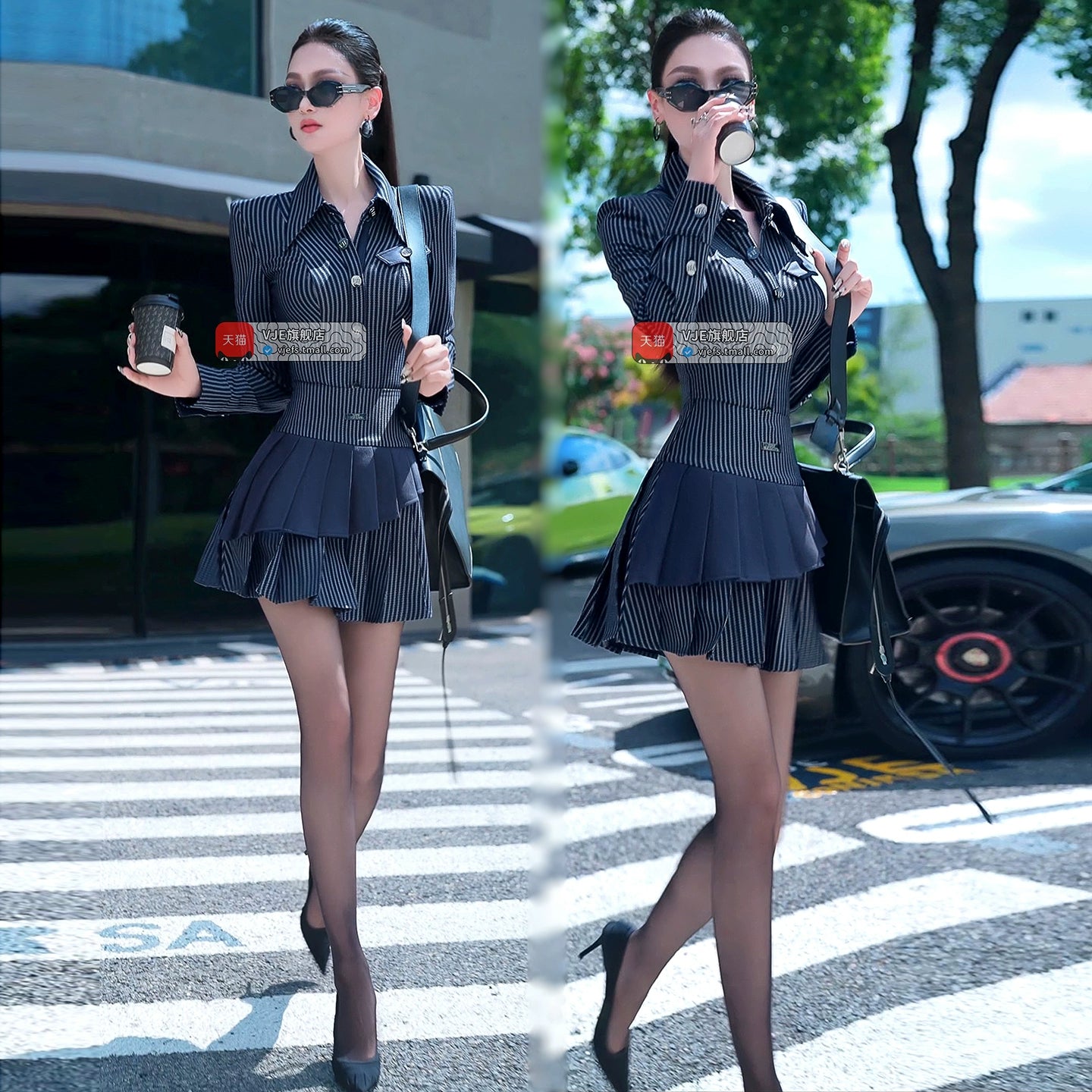 VJE Striped Shirt Pleated Short Skirt Two-Piece Suit Set - PAPA.