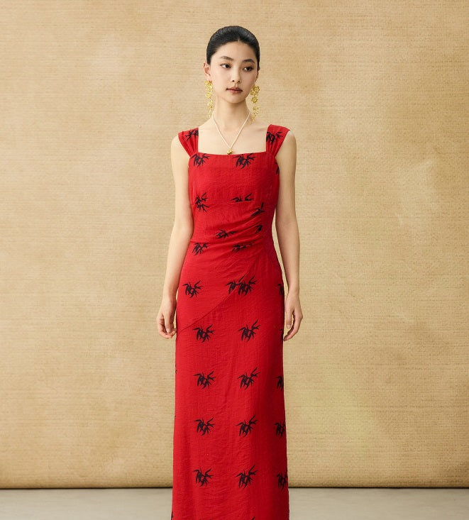 HECO Chinese irregular pleated camisole bamboo leaf print long dress- ROCK .