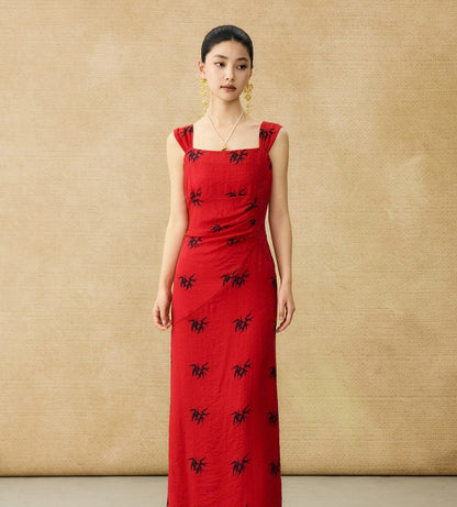 HECO Chinese irregular pleated camisole bamboo leaf print long dress- ROCK .