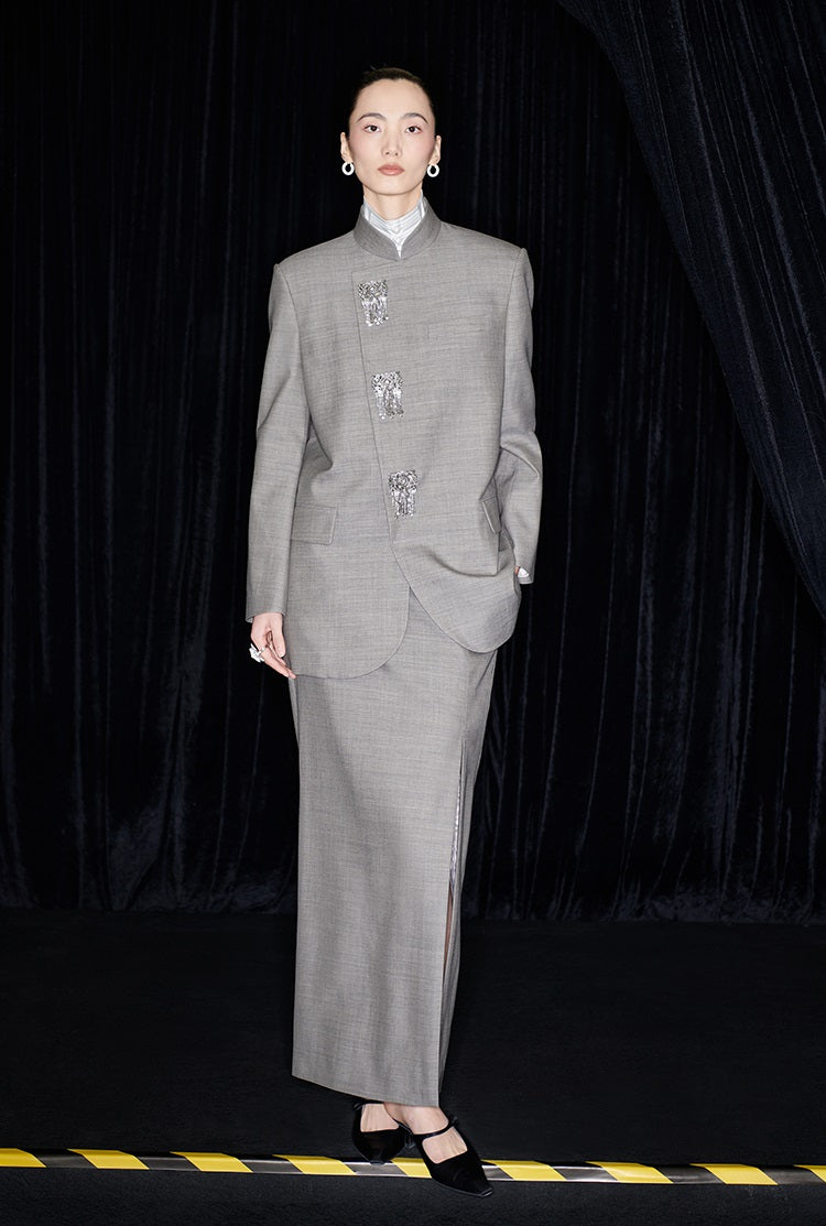 M essential Mackay designer raw linen skinny wool crystal lamp tassel bead suit - CHEN.