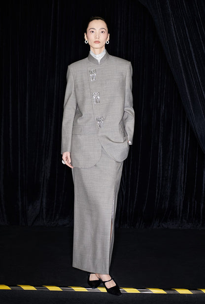 M essential Mackay designer raw linen skinny wool crystal lamp tassel bead suit - CHEN.