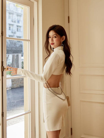DOLLY High End White Crew Neck Long Sleeve High Waist Baring Slim Fit Dress-CAROLE
