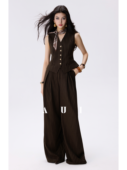 AUI Mocha Mousse Sleeveless V-Neck Striped Vest Suit Pants - Seo-ah