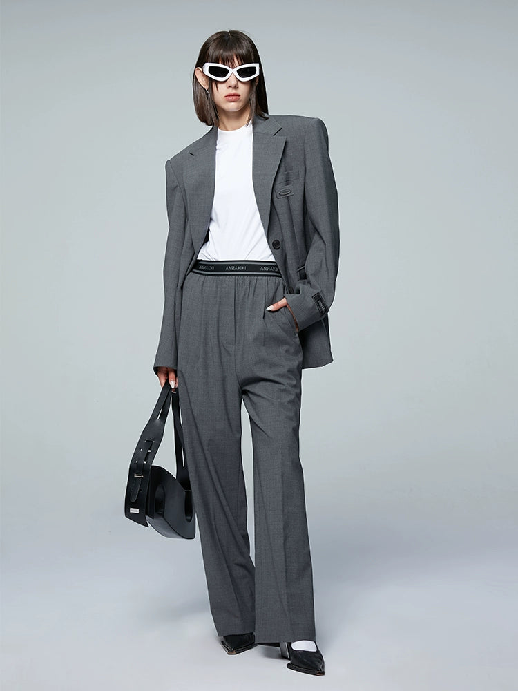 ANNAKIKI designer gray wool elastic waist wide-leg casual trousers-UZUMAKI