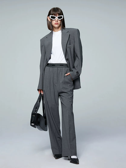 ANNAKIKI designer gray wool elastic waist wide-leg casual trousers-UZUMAKI