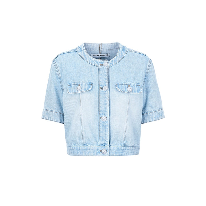 YES BY YESIR Ye Qian  Short Stand-Up Collar Denim Jacket Set -VESPERA.