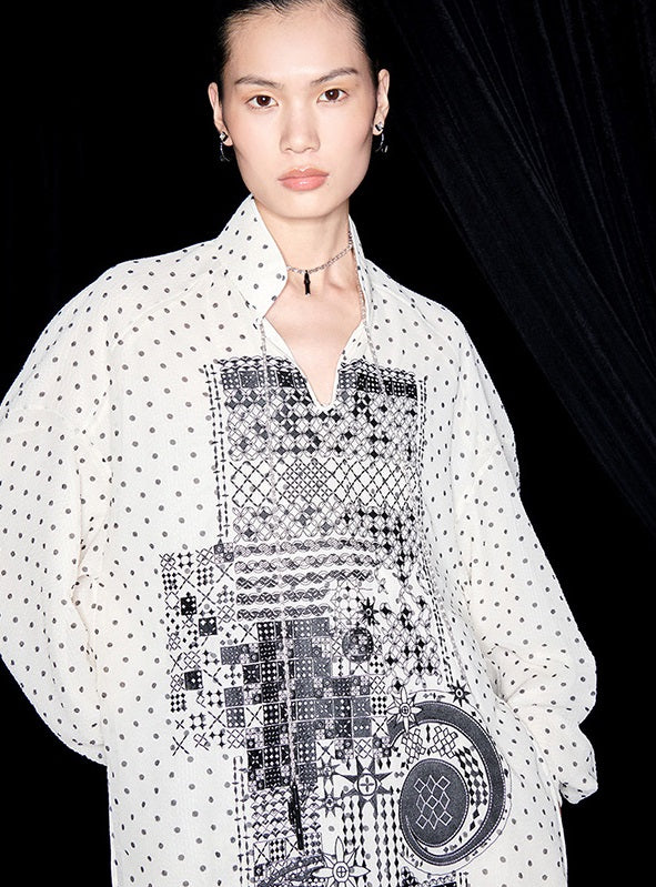M essential Mackay designer Fubo tulle printed pavé embroidery stand-up collar shirt - LOVE.