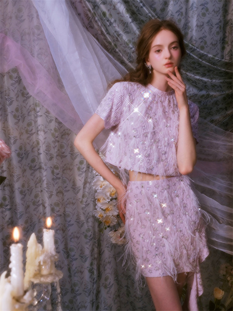 Wardrobes by Chen Elegant Short Sleeve Diamond Feather Top/Short Skirt- Milo