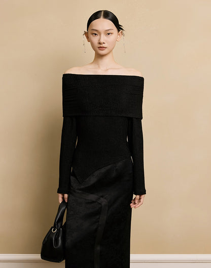 HECO stretch pleated off-the-shoulder long sleeve T-shirt - GRAD.